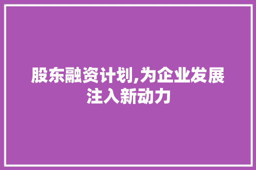 股东融资计划,为企业发展注入新动力