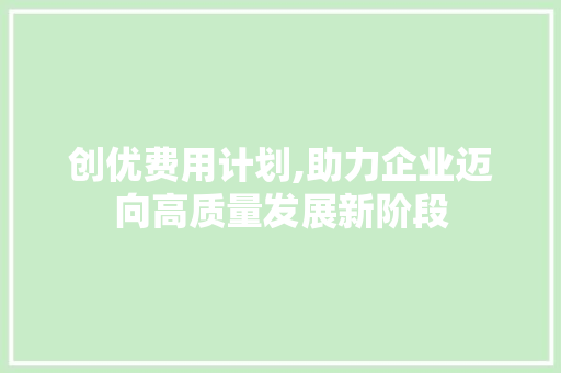 创优费用计划,助力企业迈向高质量发展新阶段