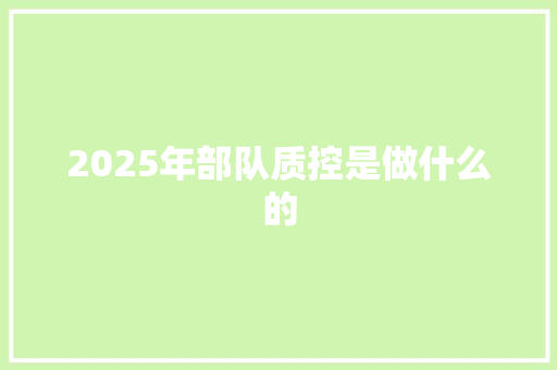 2025年部队质控是做什么的