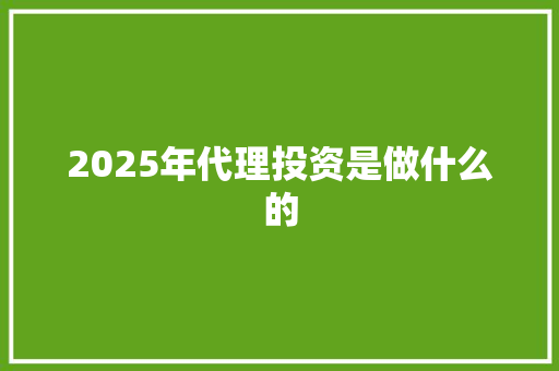 2025年代理投资是做什么的