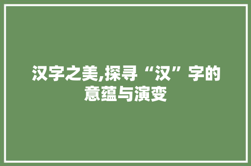 汉字之美,探寻“汉”字的意蕴与演变